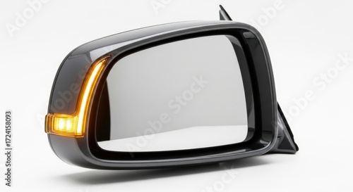 Automotive side mirror with integrated turn signal isolated on white background