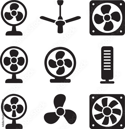 Collection of black fan icons on white background electric fan ceiling fan