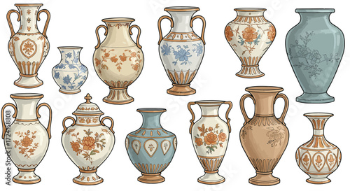 Collection of decorative vintage ceramic vases with floral patterns
