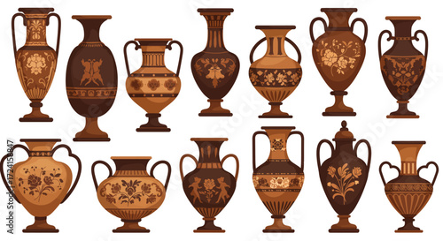 Elegant ancient greek vase collection in flat design with ornate floral patterns