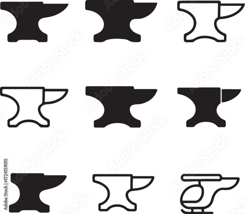 Eight anvil icons and one helicopter icon in a grid on white Keywords: anvil, blacksmith, metalworking, tool