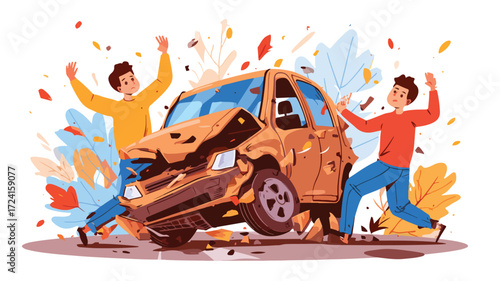 Dynamic Car Crash Illustration with Two People - Vector Art