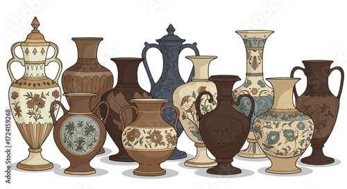 Elegant collection of antique ceramics with ornate patterns and classic aesth…