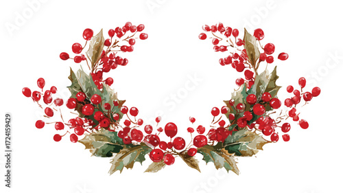 Holiday Watercolor Wreath with Vibrant Holly Berries for Festive Designs