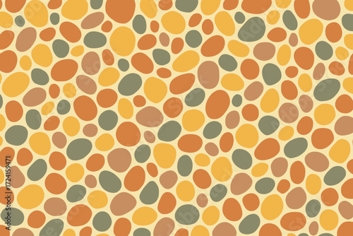 A vibrant and lively pattern of smooth, organic shapes in warm colors like orange, yellow, and green, creating a playful and dynamic design.