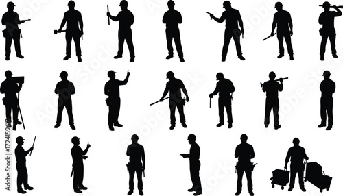 Construction worker silhouettes, industrial labor poses, manual tools, engineering equipment, technical workforce, safety gear, job site actions, black vector icons