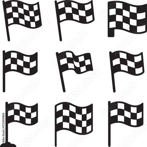 Nine Black and White Checkered Racing Flags Waving on White Background vector