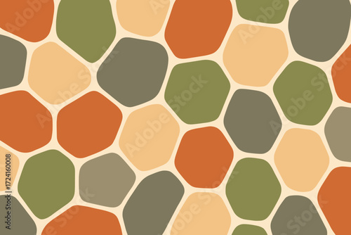 An abstract, organic pattern of irregular shapes in warm tones like orange, green, and beige, with soft lines creating a harmonious and natural feel.