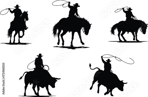 Cowboy rodeo silhouettes, horse riding, bull riding, lasso action, western culture, dynamic posture, vector illustration, wild west tradition