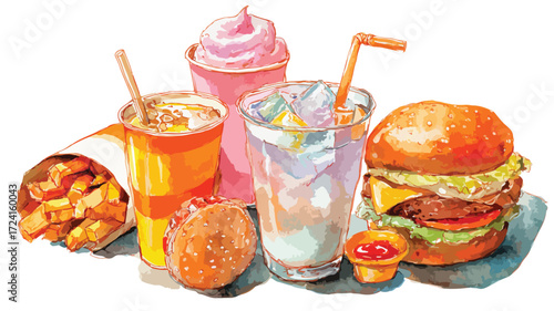 Vibrant Watercolor Fast Food Illustration for Creative Design Projects