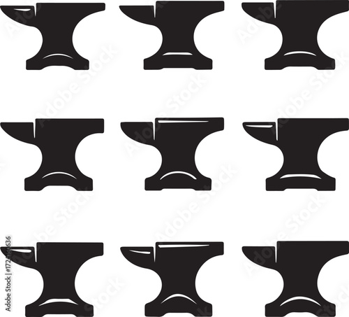 Nine black anvil icons arranged in a three by three grid on white Keywords: anvil, blacksmith, metalworking