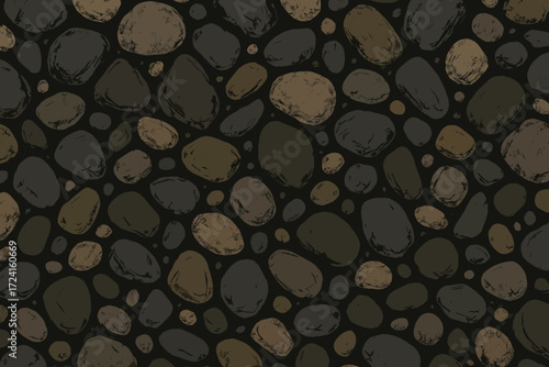 A textured pattern featuring scattered, irregularly shaped stones in varying shades of brown, black, and beige, on a dark background, giving it a natural, earthy, and organic look.