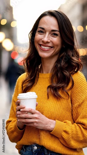 ¾ Portrait of Woman with Reusable Coffee Cup — Vertical Video
