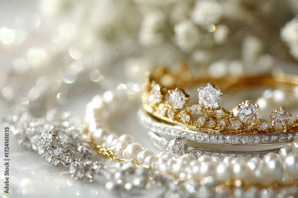 Fototapeta premium A luxurious collection of diamond and pearl jewelry, featuring a golden crown, with a bokeh background, reflecting elegance and opulence and timeless beauty.