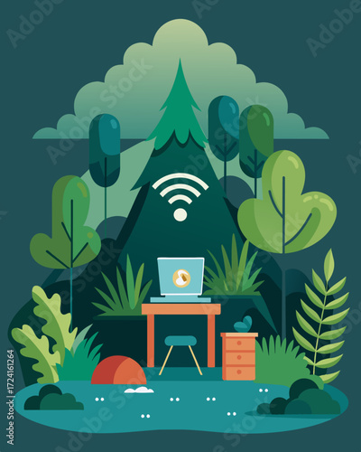 A makeshift office in a hidden forest oasis where the wifi signal was weak but the connection to nature was strong.. Vector illustration