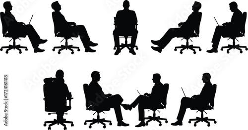 Office workers seated in ergonomic chairs, diverse postures, business attire, laptop usage, workplace interaction, silhouette illustration, modern corporate environment
