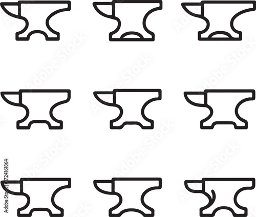 Nine outline anvil icons arranged in a three by three grid on white Keywords: anvil, blacksmith