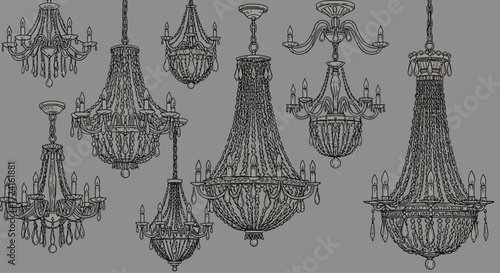 Elegant vintage chandeliers on gray background with intricate details