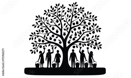 Tree silhouette with roots and family in nature illustration