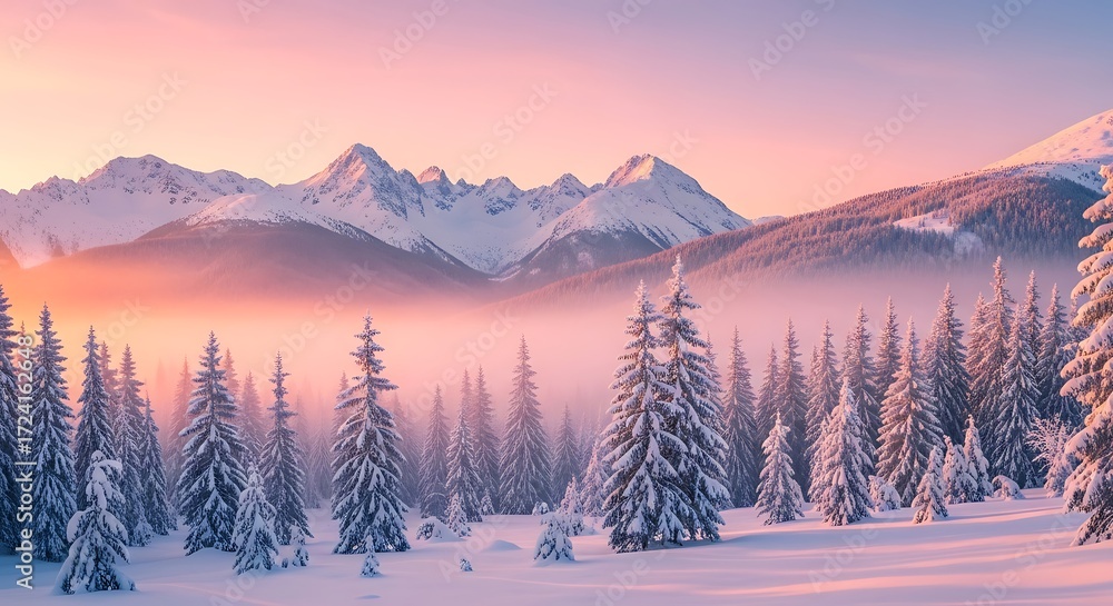 Obraz premium Winter Mountain Landscape with Snow Covered Trees.