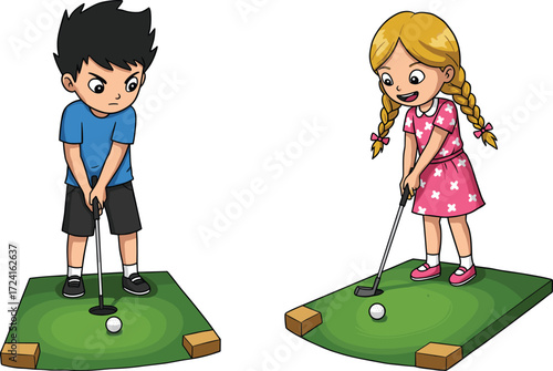 Children playing miniature golf, boy and girl with golf clubs, outdoor fun activity, kids sports, summer recreation, family leisure, teamwork, competition