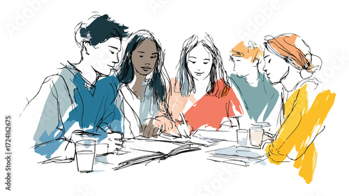Diverse Group Studying Together in Hand-Drawn Style