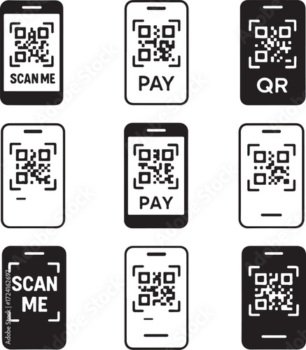 Nine smartphone icons with QR codes and payment symbols Keywords: smartphone, mobile phone, qr code, scan
