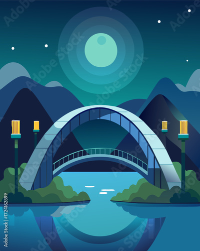 An arched bridge over a lake utilizing solar panels to power its underwater lights creating a stunning display at night.. Vector illustration