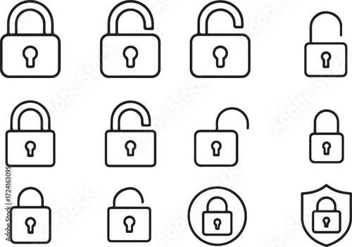 Padlock and shield icons in outline style for security Keywords: padlock, lock, security, safety, protection