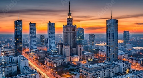 Warsaw cityscape panorama against a vibrant sunset skyline, Poland, Europe