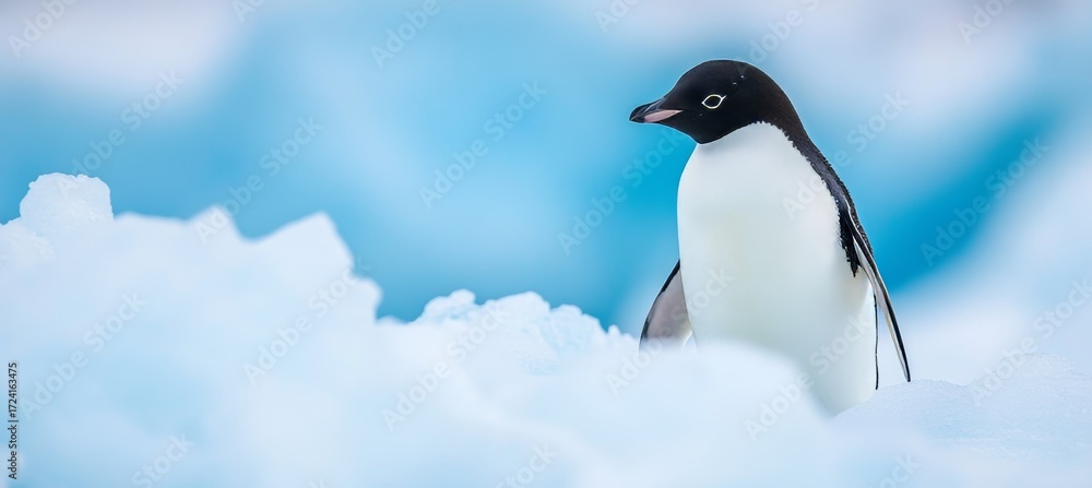 Obraz premium Charming penguin waddling gracefully on an Antarctic ice floe under a beautiful blue sky with clouds