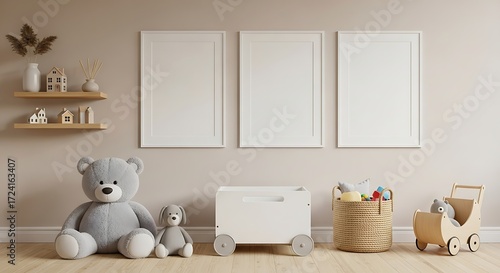Children's room with teddy bear, toys, and blank picture frames interior nursery
