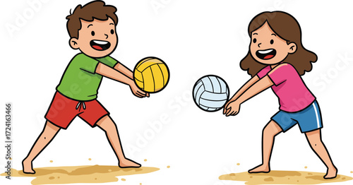 Cartoon children playing volleyball, boy and girl with volleyballs, sandy playground, kids sports activity, outdoor fun, childhood recreation, teamwork, summer game