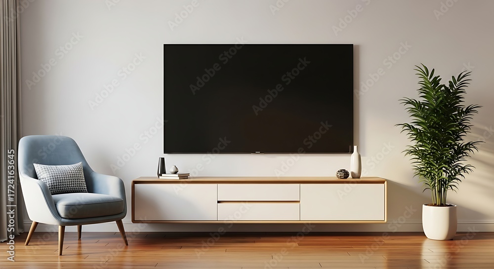 Obraz premium Contemporary Living Room With Blue Armchair and Floating Media Console blue chair floating furniture