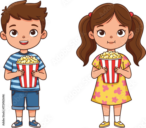 Cartoon children eating popcorn, boy and girl holding popcorn buckets, happy kids smiling, fun snack time, childhood entertainment, cinema, movie