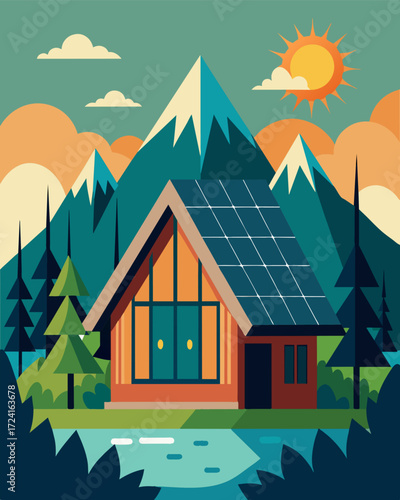 A remote and ecofriendly cabin in the woods complete with solar panels and surrounded by nature perfect for a sustainable and rejuvenating retreat.. Vector illustration