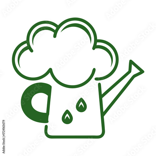 Watering can with cloud design and raindrops in green outline  
