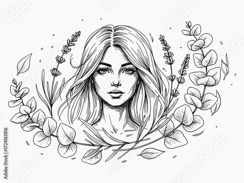 Elegant Woman Portrait with Botanical Elements in Black and White Sketch Style - Vector Illustration for Beauty and Nature Concepts