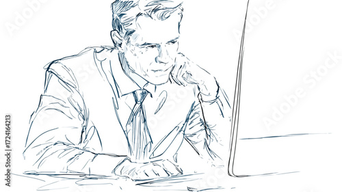 Focused Businessman Working at Desk on Computer