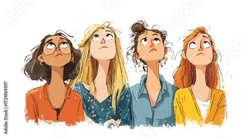 Four Diverse Female Cartoon Characters Gazing Upward Together
