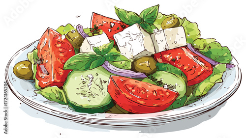 Fresh Greek Salad Vector Illustration with Outline Design for Healthy Food Concept