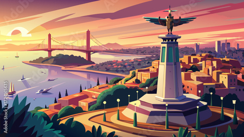 Aeria view monument Sanctuary of Christ the King. Drone flyby past near giant sculpture overlooking city of Lisbon Almada and famous 25th april bridge over river Tagus at sunset