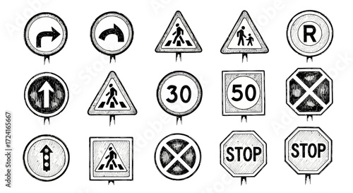 Collection of hand-drawn traffic and pedestrian signs.