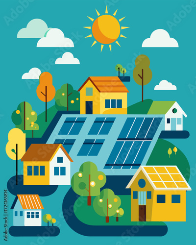 A neighborhoodwide endeavor to utilize solar power and reduce the carbon footprint of the community through a collective solar panel project.. Vector illustration