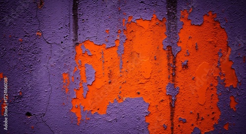 Vibrant orange peels on vintage purple textured wall with cracks background