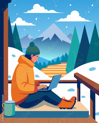 A freelancer bundled up in warm clothing typing away on their laptop while sitting on a rustic wooden porch overlooking the snowcovered landscape.. Vector illustration