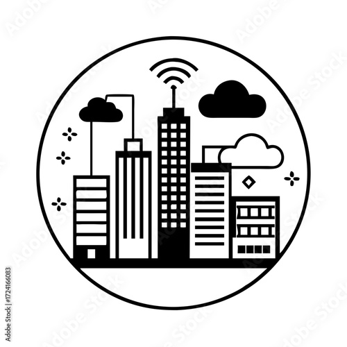 Vector art of black smart city icon modern cityscape with wireless communication sign