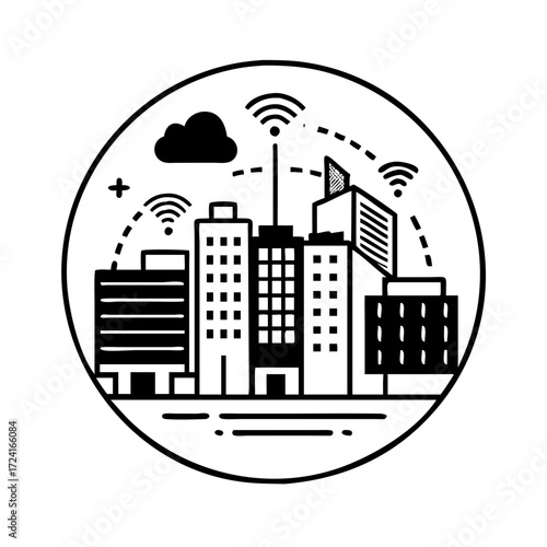 Illustration of a smart city with buildings, cloud, and wifi signals