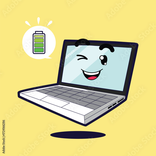 Cartoon Happy Laptop Icon – Computer Notebook with Full Battery Illustration