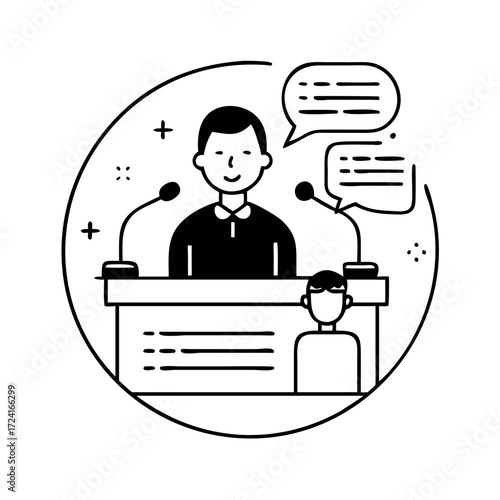 Vector art of public speaker giving a speech at a conference or seminar event